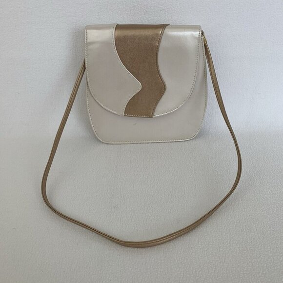 Retro Shoulder Bag Purse Clutch Small Colorblock White Gold Wave Patent Leather - Picture 1 of 16